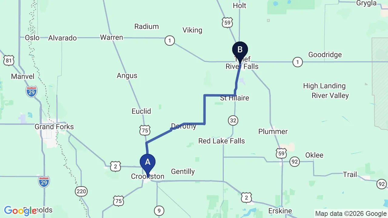 Driving directions map from Crookston, MN to True North Chiropractic Center in Thief River Falls