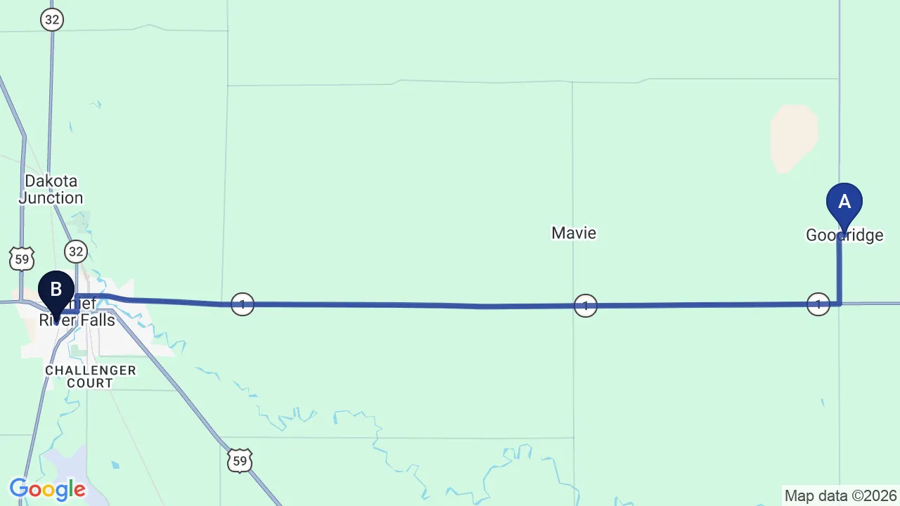 Driving directions map from Goodridge, MN to True North Chiropractic Center in Thief River Falls