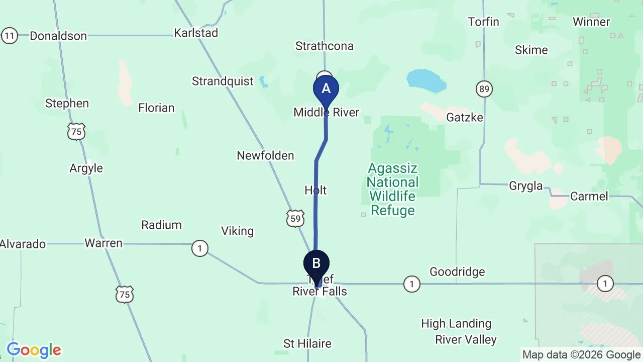 Driving directions map from Middle River, MN to True North Chiropractic Center in Thief River Falls