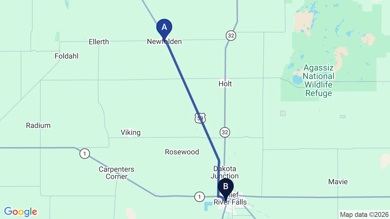 Driving directions map from Newfolden, MN to True North Chiropractic Center in Thief River Falls