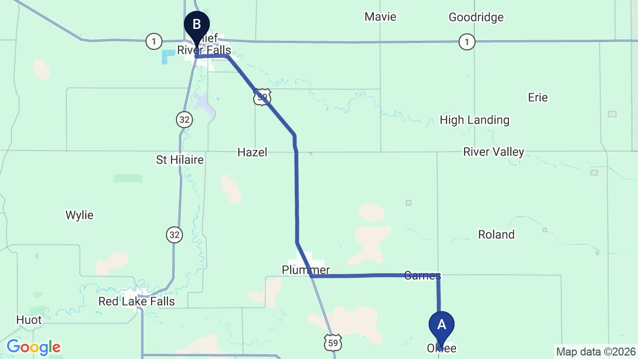 Driving directions map from Oklee, MN to True North Chiropractic Center in Thief River Falls