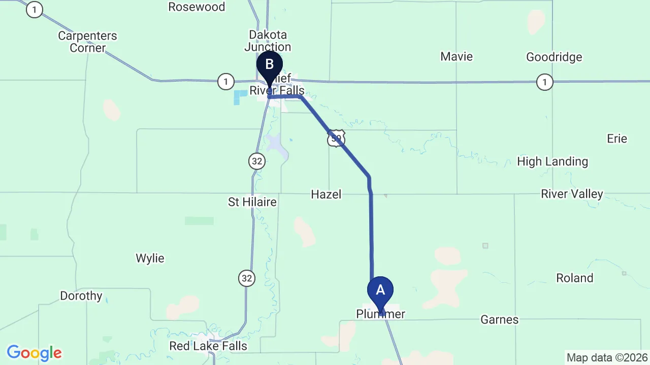 Driving directions map from Plummer, MN to True North Chiropractic Center in Thief River Falls