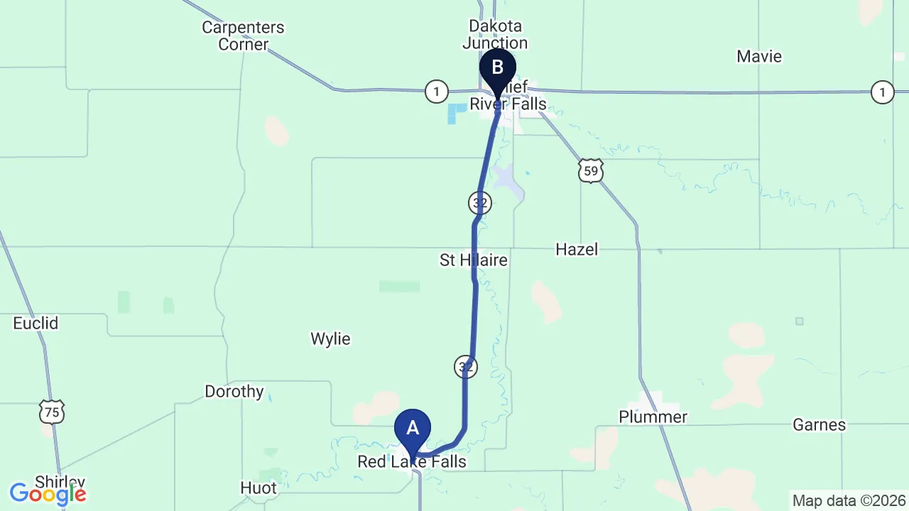 Driving directions map from Red Lake Falls, MN to True North Chiropractic Center in Thief River Falls
