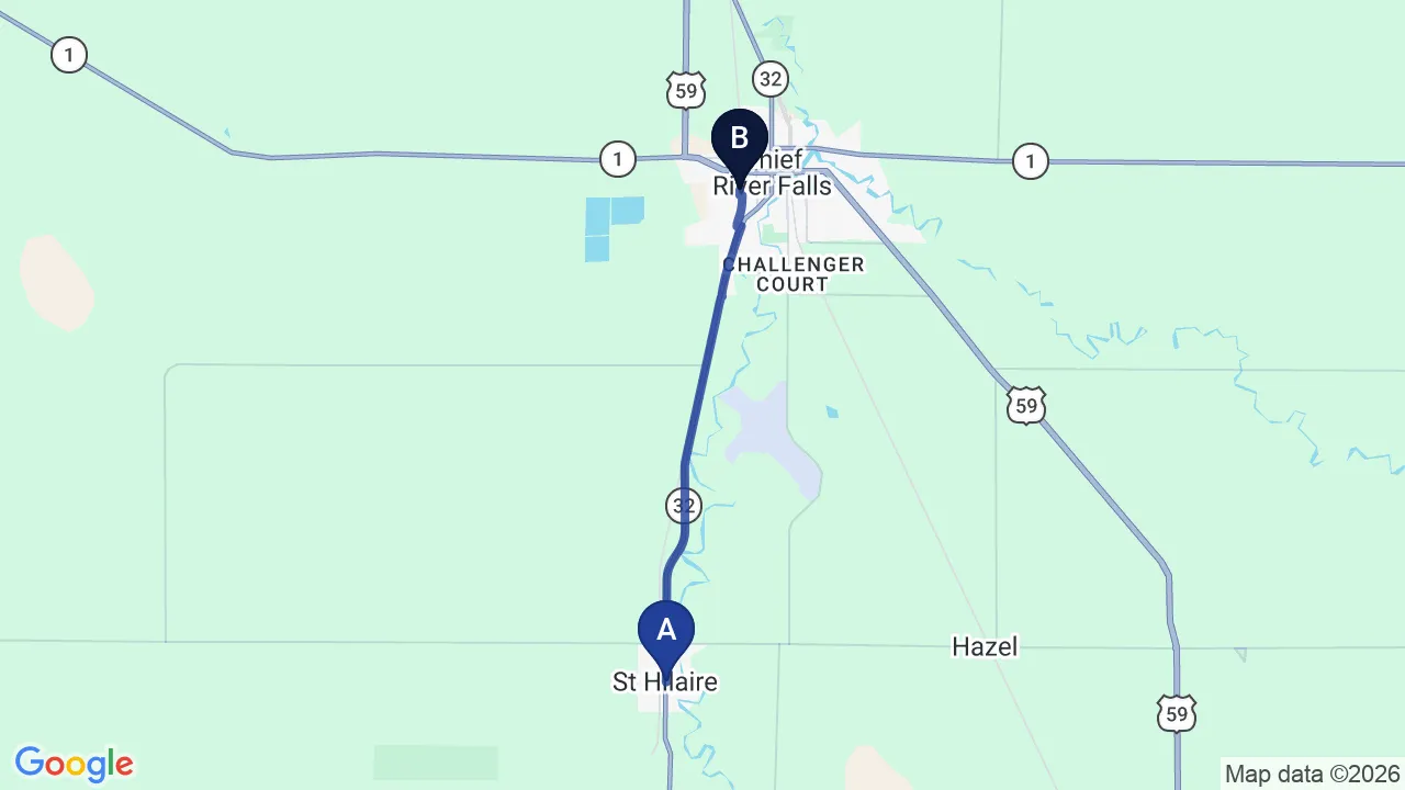 Driving directions map from St. Hilaire, MN to True North Chiropractic Center in Thief River Falls