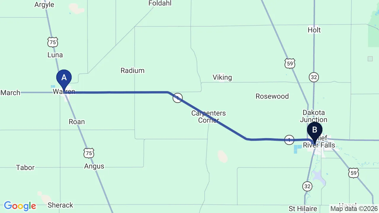 Driving directions map from Warren, MN to True North Chiropractic Center in Thief River Falls